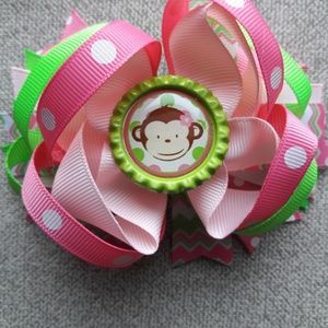 Girls Handmade 3.5" Pink Green Boutique Monkey Print Hair Bow